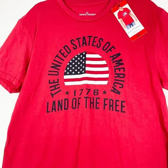 General Standard Land Of The Free T-Shirt Mens Red Pullover Cotton Sz Medium NEW - Picture 2 of 8